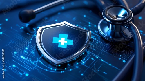 A metallic shield with a blue cross in the center rests on a circuit board, symbolizing data security, healthcare protection, cyber security, medical privacy, and patient confidentiality.