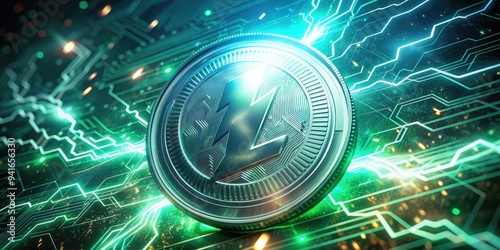 Electrically Charged Litecoin: Shimmering, electrifying, neon, cyberpunk, silver, emerald, glowing photo