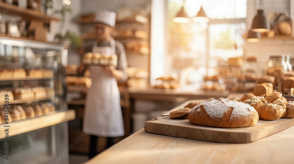 Hazy, softfocus bakery scene with warm light streaming through the windows Hazy, softfocus bakery scene with warm light streaming through the windows