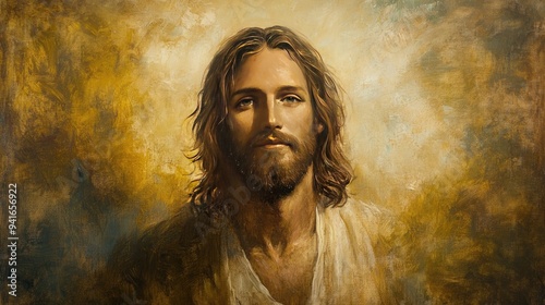 A serene portrait of Jesus Christ, featuring a soft glow, muted earthy tones, and a compassionate expression. The gentle brushstrokes and backlighting add to the spiritual ambiance