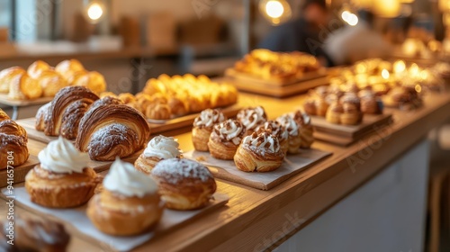 Soft, gentle blur of a bakery s pastry display under warm, ambient light