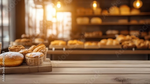 Warm, inviting blur of a bakery with a focus on the soft glow of interior lights