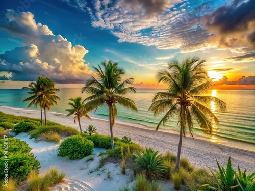 _serene sunset over tranquil turquoise waters of the Gulf of Mexico, with soft white sand shoreline and lush green palm trees in the foreground._