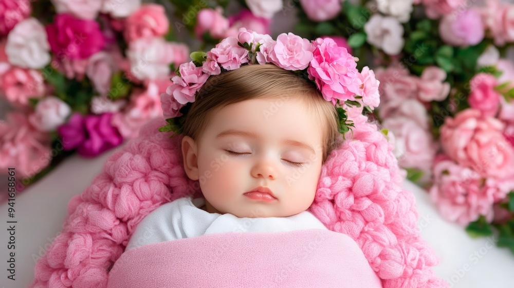 Serene Newborn Baby Girl Sleeping Peacefully Among Pink Flowers Serene Newborn Baby Girl Sleeping Peacefully Among Pink Flowers