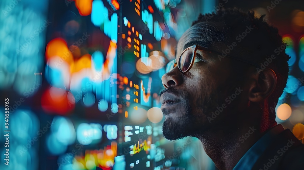 Focused Businessman Analyzing Futuristic Digital Displays for Financial Planning and Market Trends Focused Businessman Analyzing Futuristic Digital Displays for Financial Planning and Market Trends