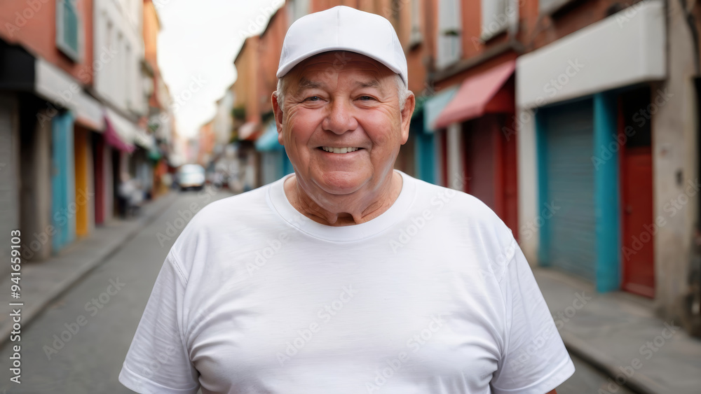 Plus size senior man wearing white t-shirt and white baseball cap standing in a city alley Plus size senior man wearing white t-shirt and white baseball cap standing in a city alley