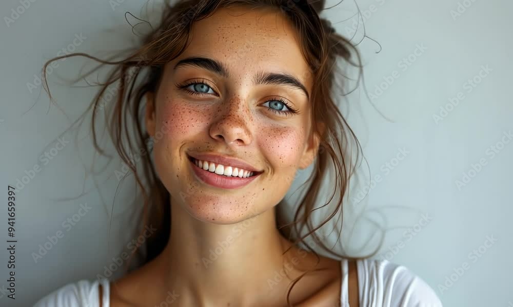 A young woman beams with joy, showcasing her enchanting blue eyes and carefree smile. She exudes warmth and positivity, inviting connection in her relaxed environment A young woman beams with joy, showcasing her enchanting blue eyes and carefree smile. She exudes warmth and positivity, inviting connection in her relaxed environment