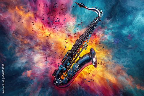 A saxophone bursts into a vibrant explosion of colors and musical notes, celebrating the joy and energy of music and creativity. photo