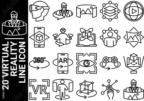 20 virtual reality line icon, black and white