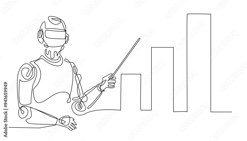 continuous line of AI technology for business.one line drawing of an AI robot pointing to an increasing business graphic.interacting with AI.technology advances in time.single line vector illustration continuous line of AI technology for business.one line drawing of an AI robot pointing to an increasing business graphic.interacting with AI.technology advances in time.single line vector illustration