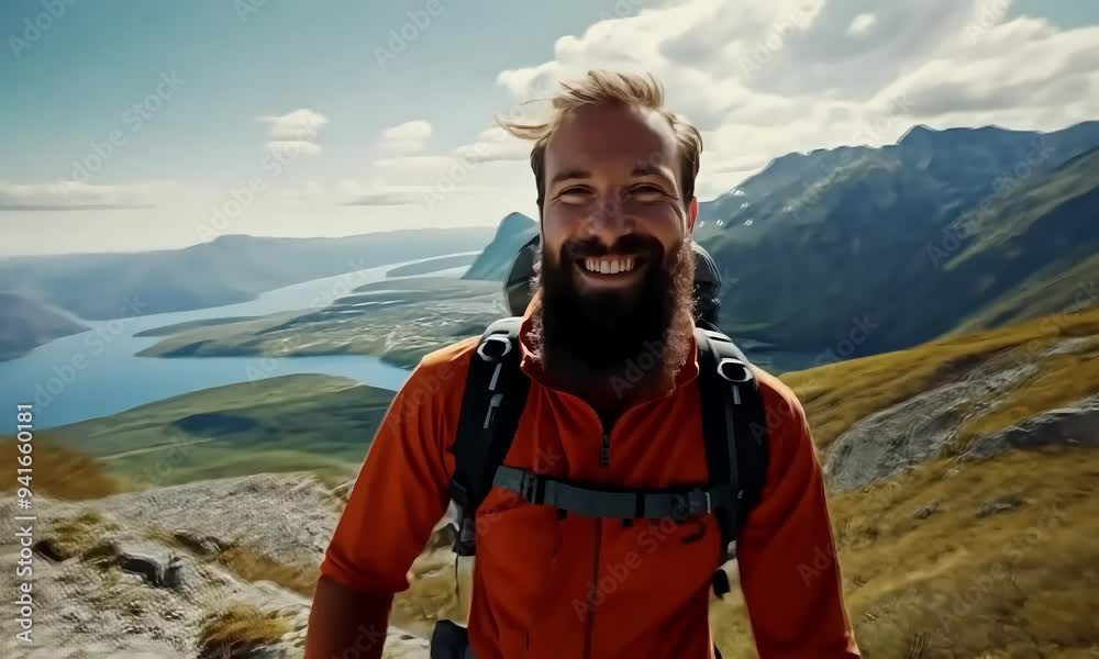 Summit Smile: A bearded man with a backpack stands on a mountaintop, beaming with joy and accomplishment, with breathtaking views of a lake and surrounding mountains behind him. Summit Smile: A bearded man with a backpack stands on a mountaintop, beaming with joy and accomplishment, with breathtaking views of a lake and surrounding mountains behind him.