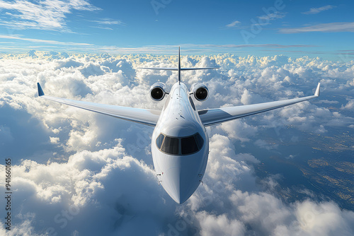 A sleek passenger jet gracefully glides through a pristine blue sky, surrounded by fluffy white clouds, embodying luxury travel.