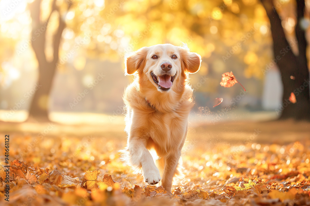Happy dog in autumn park at sunny day Happy dog in autumn park at sunny day