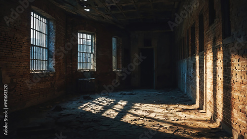 Old abandoned and ruined interior of an old building, generative ai