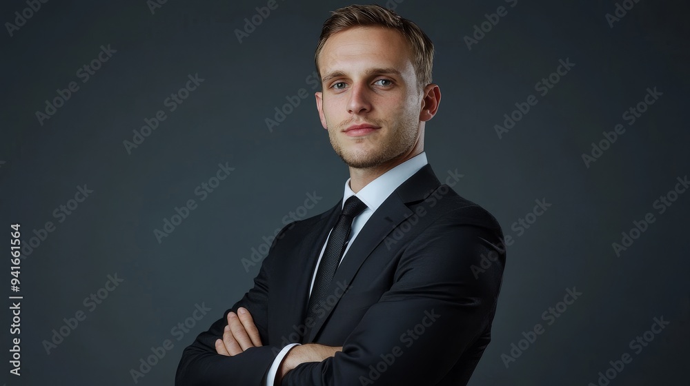 A professional man in a black suit and white shirt stands with his arms crossed, looking confidently at the camera. This image conveys professionalism, success, and leadership.