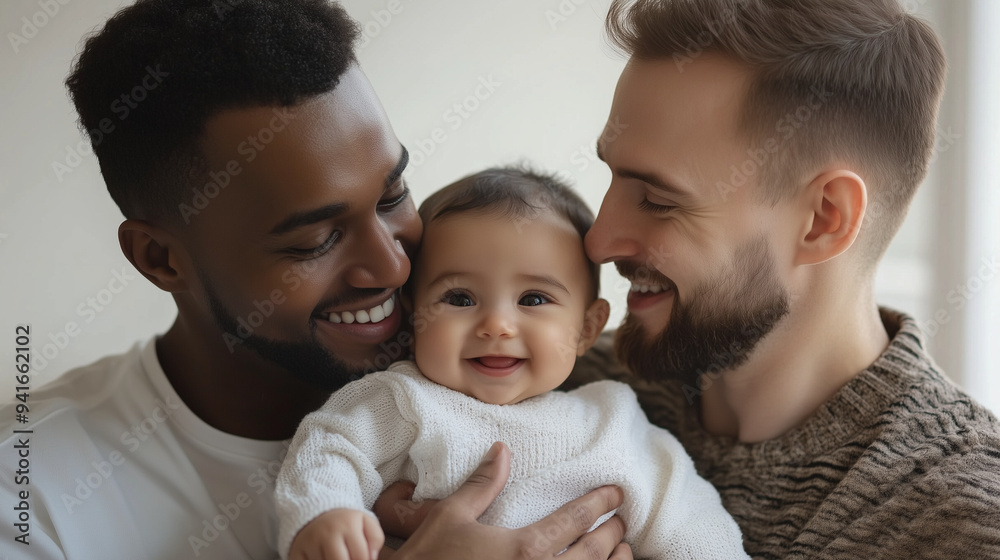 Happy interracial gay couple bonding with baby at home, radiating joy and love as they embrace parenthood together Happy interracial gay couple bonding with baby at home, radiating joy and love as they embrace parenthood together