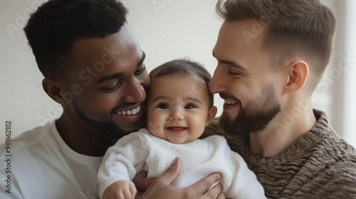 Happy interracial gay couple bonding with baby at home, radiating joy and love as they embrace parenthood together photo