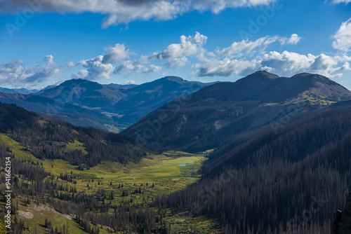 Mountain valley close up with green meadow