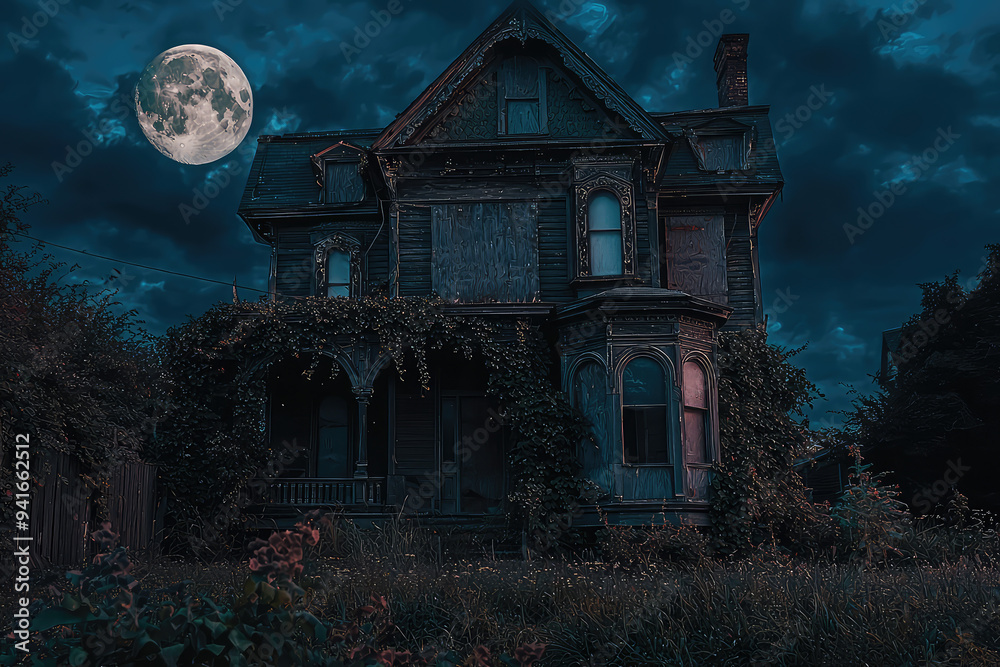 A majestic Victorian mansion cloaked in mystery, silhouetted by a full moon under a brooding night sky, whispers of the past linger. A majestic Victorian mansion cloaked in mystery, silhouetted by a full moon under a brooding night sky, whispers of the past linger.