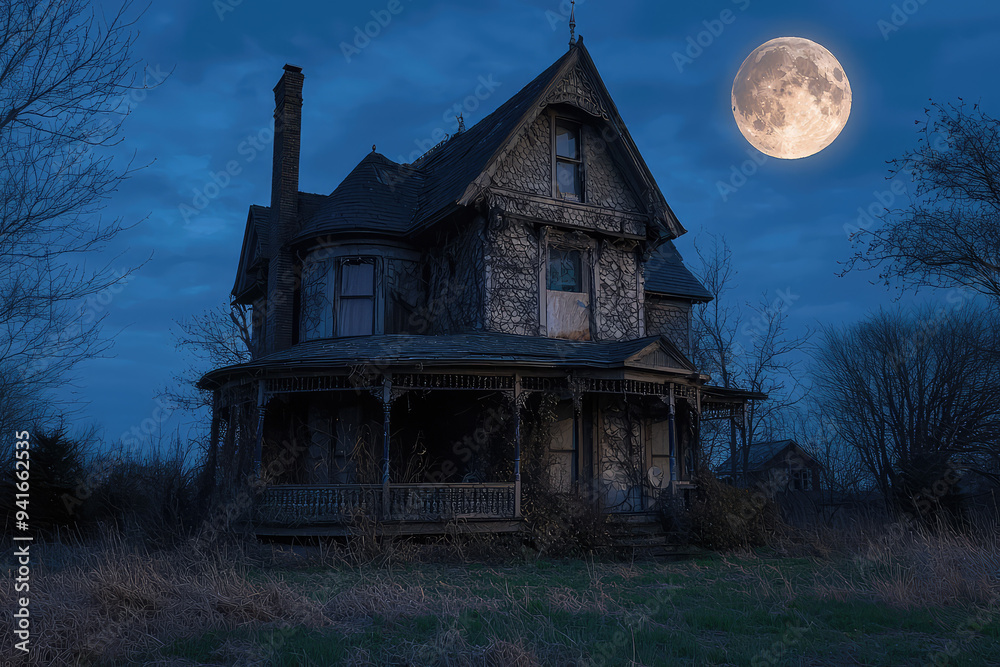 An abandoned Victorian mansion looms under a full moon, its overgrown facade whispering secrets of a forgotten past. Spooky and serene. An abandoned Victorian mansion looms under a full moon, its overgrown facade whispering secrets of a forgotten past. Spooky and serene.