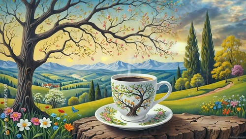 cup of coffee on a table in nature landscape. seamless looping time-lapse 4K video background