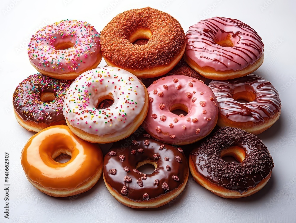 a tower of gourmet donuts in various flavors stacked precariously high against a pure white backdrop glazed icing drips tantalizingly creating a mouthwatering display a tower of gourmet donuts in various flavors stacked precariously high against a pure white backdrop glazed icing drips tantalizingly creating a mouthwatering display