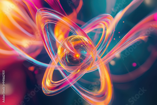 A Captivating Abstract Representation of an Atom with Dynamic Swirls and Vibrant Colors Against a Soft Blue Background.