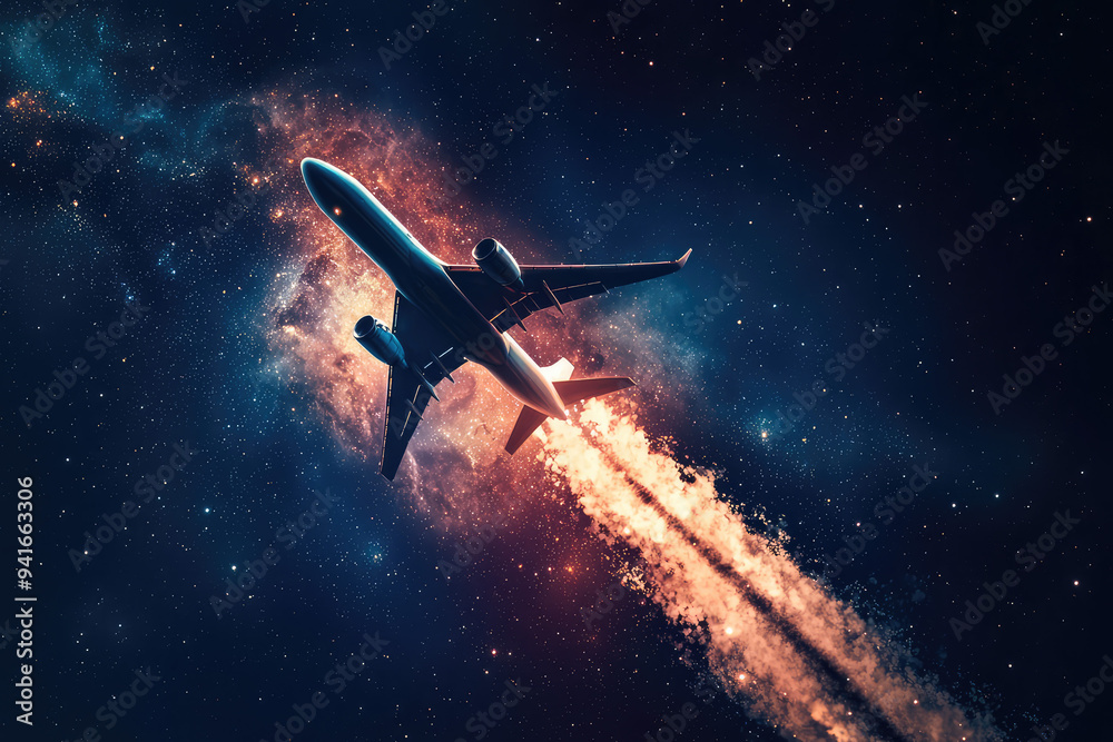An airplane ignites cosmic dreams, soaring through vibrant nebulas and starry skies, blending technology and the vast unknown. An airplane ignites cosmic dreams, soaring through vibrant nebulas and starry skies, blending technology and the vast unknown.