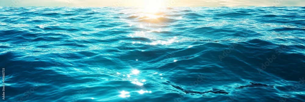 A serene and tranquil 3D illustration depicting a beautiful blue ocean water background, capturing the essence of calm and tranquility. The gentle waves, glistening sunlight reflecting on the surface, A serene and tranquil 3D illustration depicting a beautiful blue ocean water background, capturing the essence of calm and tranquility. The gentle waves, glistening sunlight reflecting on the surface,