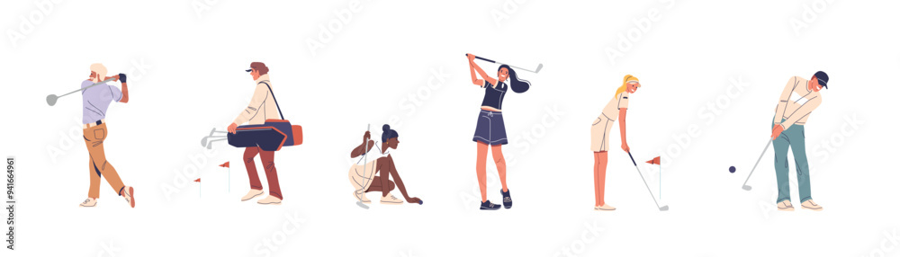 Cartoon Vector Illustration Of People Playing Golf In Various Poses And Actions, Showcasing The Sport And Its Players Cartoon Vector Illustration Of People Playing Golf In Various Poses And Actions, Showcasing The Sport And Its Players