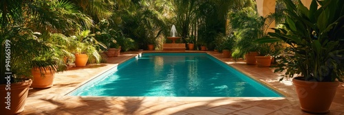 A serene Moroccan pool with crystal clear water, nestled amidst lush potted plants and a fountain, creating a tranquil oasis for relaxation and escape.