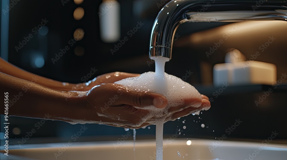 A detailed close-up of hands being washed with liquid soap, capturing the moment of thorough cleaning under a sleek A detailed close-up of hands being washed with liquid soap, capturing the moment of thorough cleaning under a sleek