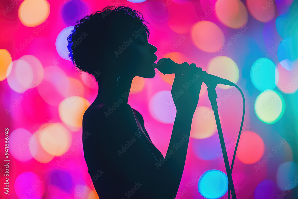 A soulful silhouette of a singer pouring emotion into her performance against a vibrant, colorful backdrop of lights. A soulful silhouette of a singer pouring emotion into her performance against a vibrant, colorful backdrop of lights.