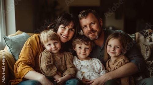 A joyful family gathering on a cozy couch in a warm living room during a relaxed afternoon together