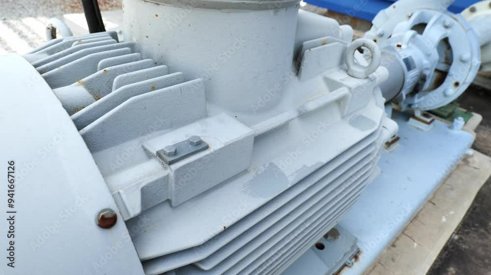 Close-up of a motor inside an industrial plant. A motor is a device that converts electrical energy into mechanical energy Close-up of a motor inside an industrial plant. A motor is a device that converts electrical energy into mechanical energy
