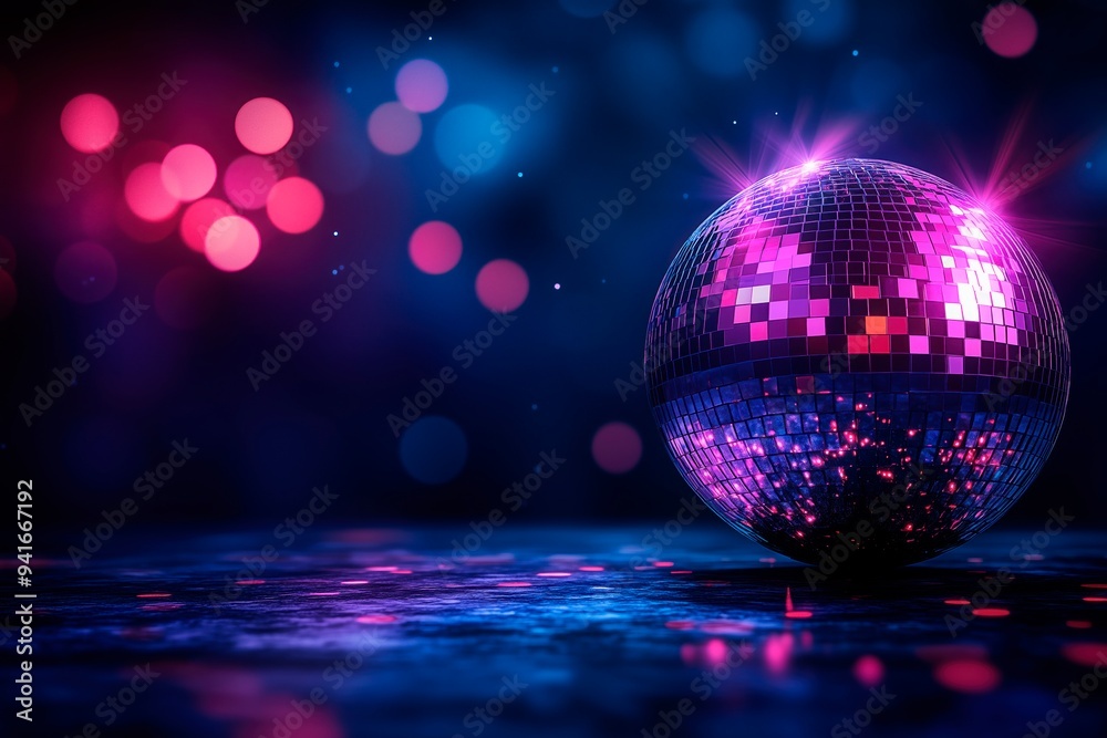 Colorful disco ball reflecting light at a party, website advertising, music banner, disco pub banner, copy space for text Colorful disco ball reflecting light at a party, website advertising, music banner, disco pub banner, copy space for text