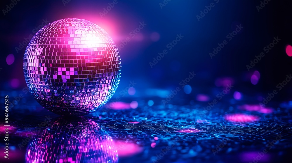 Fototapeta premium Disco ball shines bright in the dark, website advertising, music banner, disco pub banner, copy space for text