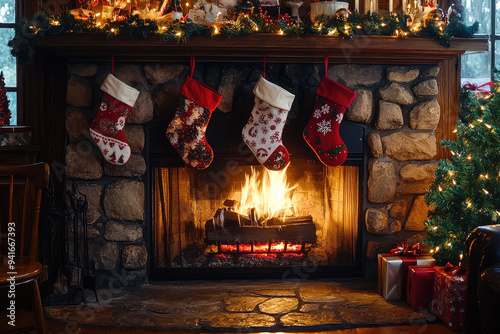 A Festive Fireplace: Stockings Hanged, Flames Dancing, and Holiday Cheer Illuminating the Cozy Home Ambience Entirely. photo