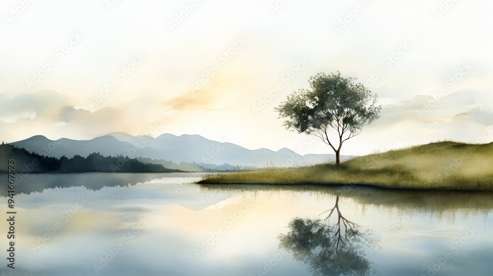 A serene watercolor painting depicting a solitary tree standing tall against a backdrop of misty mountains and a calm lake. The soft hues and delicate brushstrokes evoke a sense of tranquility and pea A serene watercolor painting depicting a solitary tree standing tall against a backdrop of misty mountains and a calm lake. The soft hues and delicate brushstrokes evoke a sense of tranquility and pea