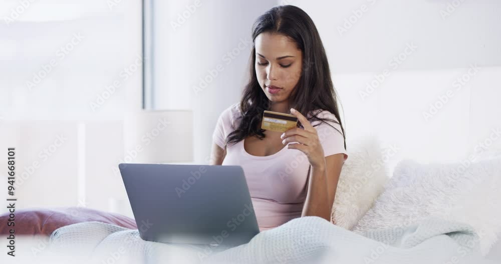 Woman, bed and credit card with laptop for online shopping, e commerce payment and fintech with home subscription. Young person relax in bedroom with internet banking, streaming service or computer Woman, bed and credit card with laptop for online shopping, e commerce payment and fintech with home subscription. Young person relax in bedroom with internet banking, streaming service or computer