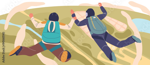 Two Paratroopers Descending From The Sky Above A Scenic Landscape, Engaging In An Exciting Adventure Activity