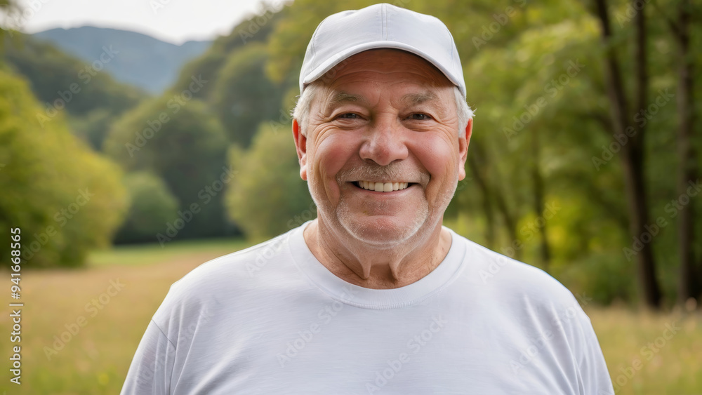 Plus size senior man wearing white t-shirt and white baseball cap standing in nature Plus size senior man wearing white t-shirt and white baseball cap standing in nature