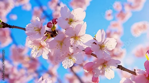 Delicate pink cherry blossoms against a blue sky.