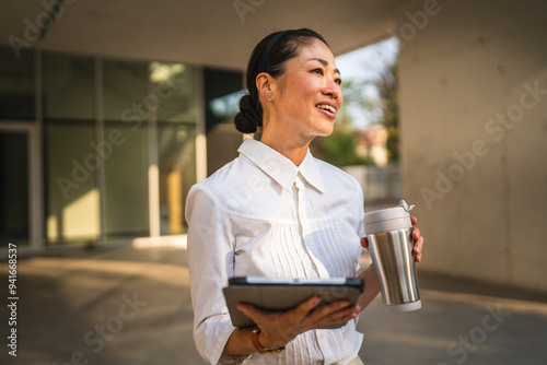 Mature japanese business woman use digital tablet and hold thermos photo