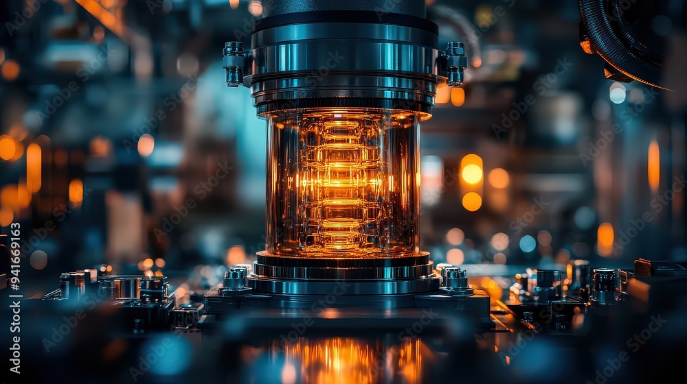Close-up of an advanced machine component with glowing elements. Close-up of an advanced machine component with glowing elements.