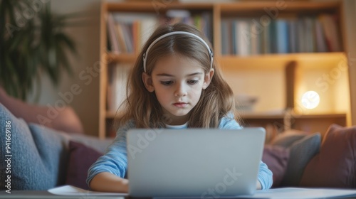 A young girl focuses intently on her laptop while sitting on a couch, surrounded by soft cushions photo