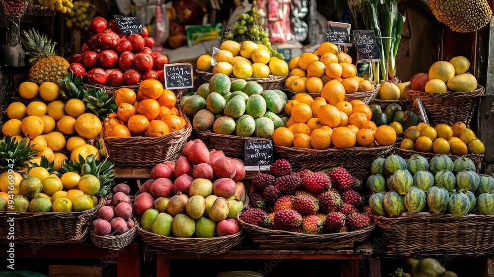 A fruit market stall overflowing with a variety of colorful, fresh fruits and vegetables, neatly arranged to create a vibrant and inviting A fruit market stall overflowing with a variety of colorful, fresh fruits and vegetables, neatly arranged to create a vibrant and inviting