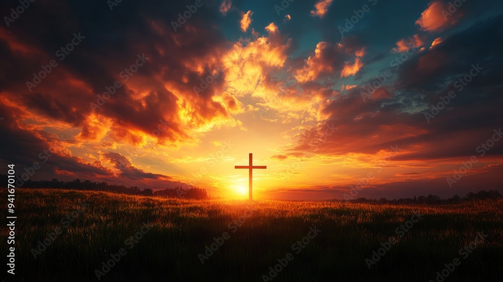 Obraz premium A silhouette of a cross stands tall in a field as the sun rises, casting a radiant glow across the sky. The clouds above are painted with vibrant hues of orange and red, creating a breathtaking scene 