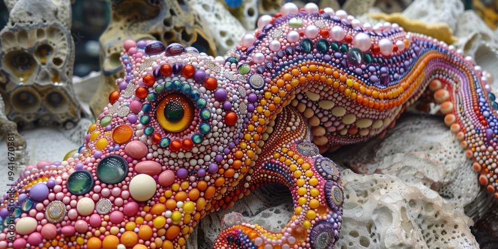 Obraz premium Close-up of a colorful beaded octopus sculpture resting on a stone surface