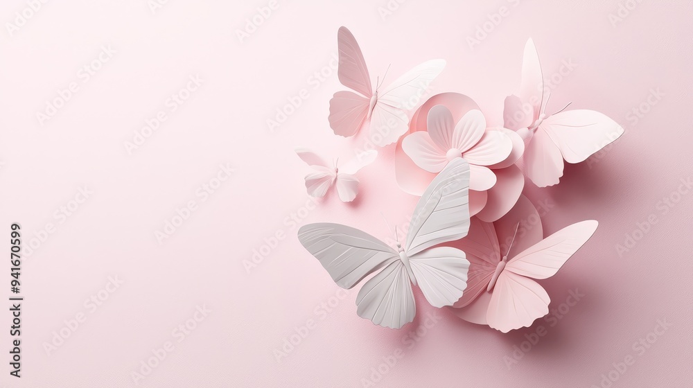 Paper butterflies in soft pastel hues, surrounding a blooming flower, serene light symbolizing resilience in cancer healing, 3D illustration, copy space for text Paper butterflies in soft pastel hues, surrounding a blooming flower, serene light symbolizing resilience in cancer healing, 3D illustration, copy space for text